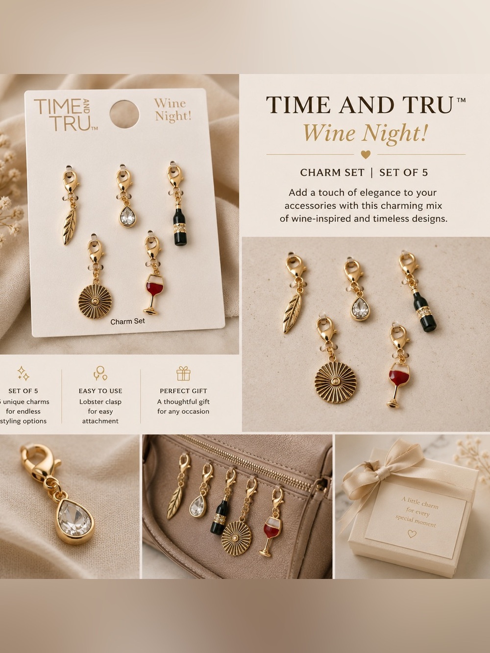 Time and Tru Gold Wine Night Charm Set with Red & Green Accents